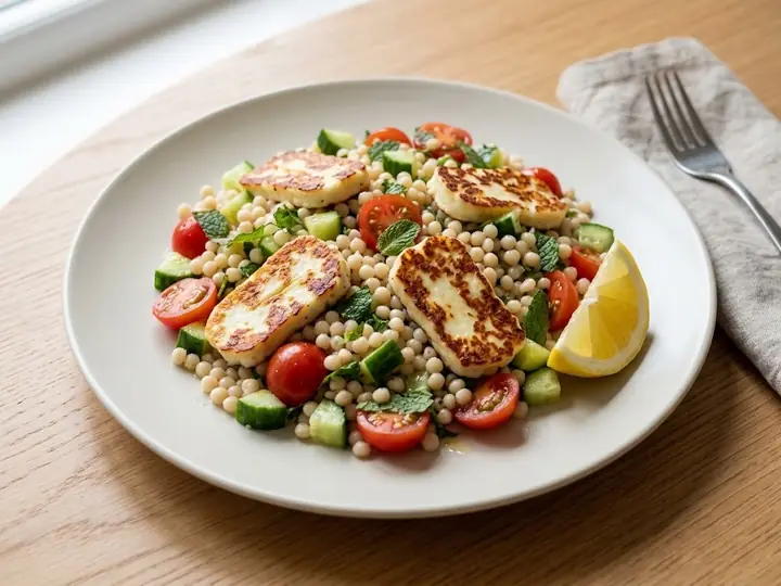 Israeli Couscous Salad with Halloumi