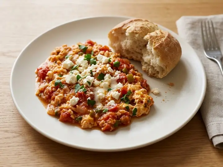 Turkish Menemen with Feta and Crusty Bread