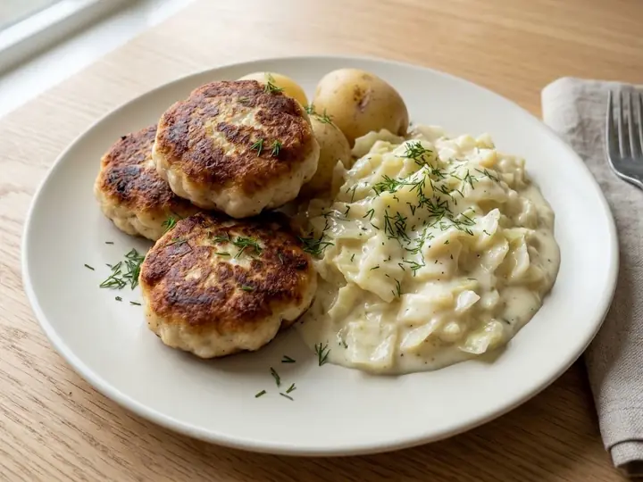 Norwegian-Style Fish Cakes with Creamed Cabbage