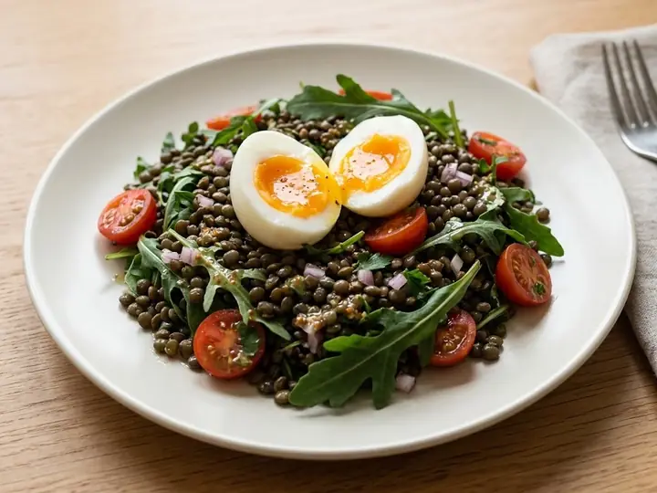 French Green Lentil Salad with Soft-Boiled Egg and Dijon Dressing