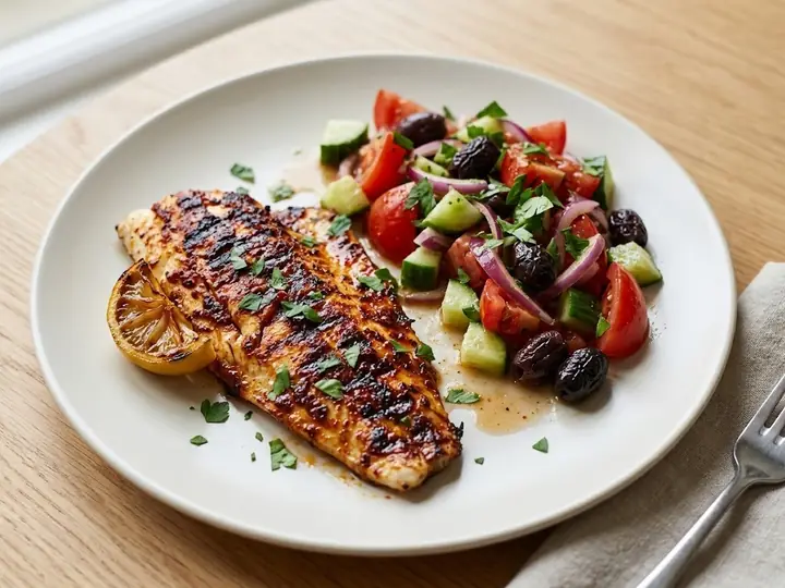 Tunisian-Style Harissa-Grilled Fish with Tomato & Olive Salad