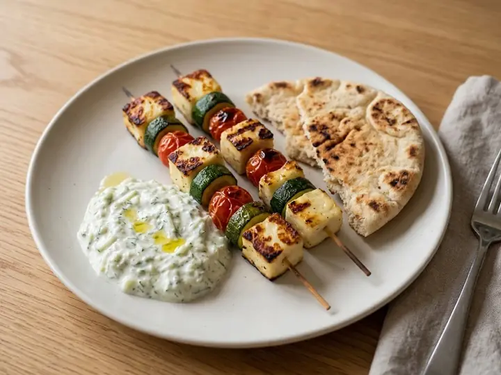 Halloumi & Vegetable Skewers with Tzatziki
