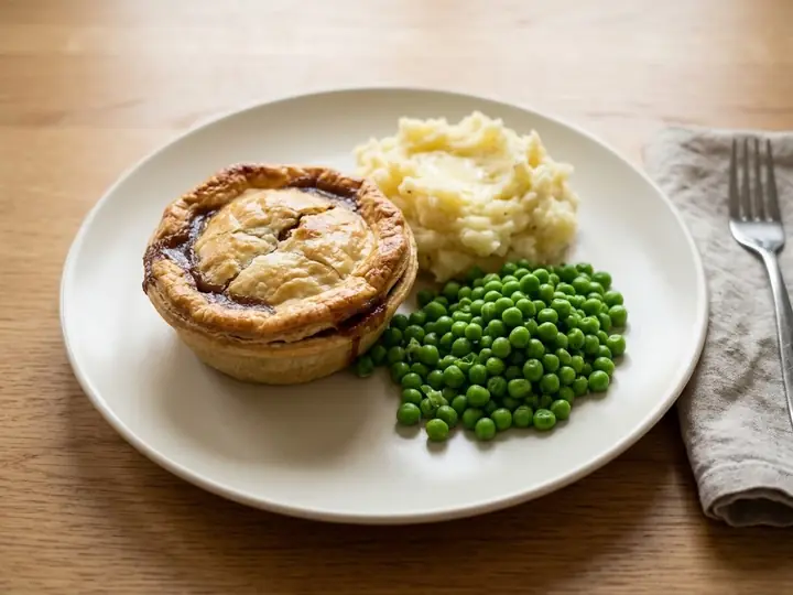 Australian-Style Beef & Gravy Pie with Mash and Peas