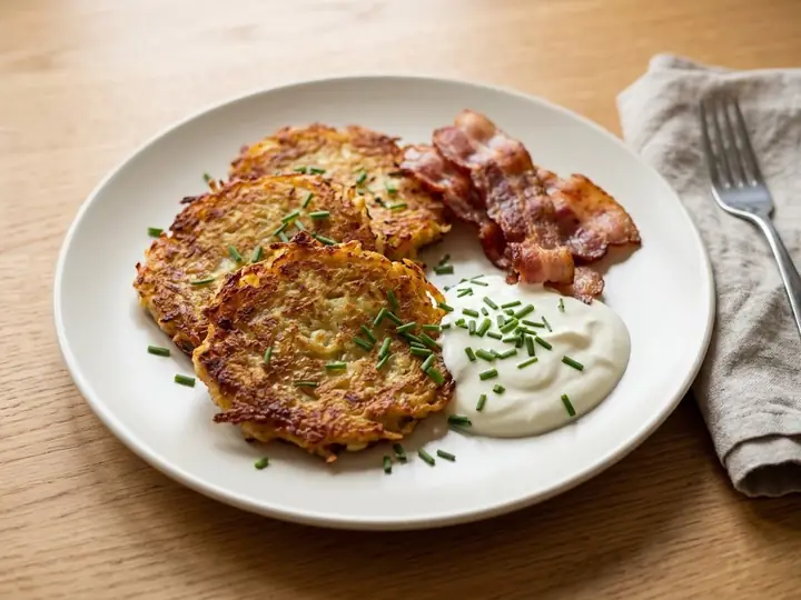 Ukrainian-Style Deruny (Potato Pancakes) with Bacon and Soured Cream
