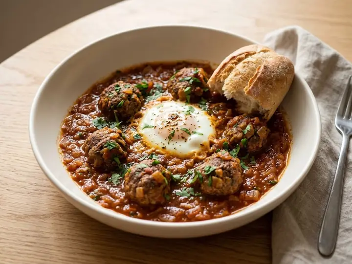 Moroccan-Style Kefta Mkaouara (Spiced Meatball and Egg Tagine)