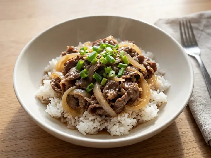 Japanese-Style Gyudon Beef and Onion Rice Bowl