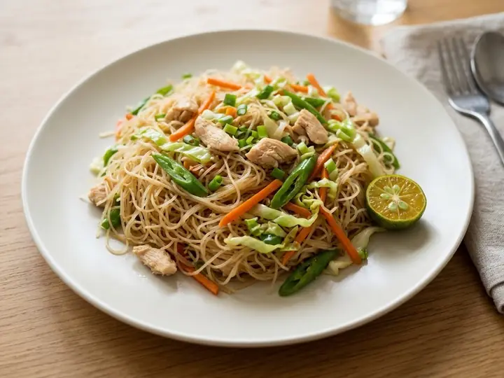 Filipino-Style Pancit Bihon (Stir-Fried Rice Noodles with Chicken and Vegetables)