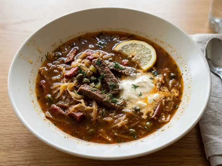 Russian-Style Beef and Cabbage Solyanka Soup